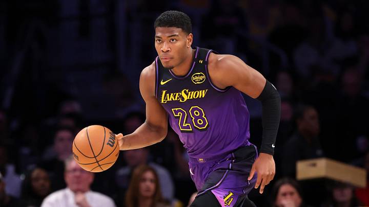Jan 13, 2025; Los Angeles, California, USA;  Los Angeles Lakers forward Rui Hachimura (28) dribbles the ball during the second quarter against the San Antonio Spurs at Crypto.com Arena. Mandatory Credit: Kiyoshi Mio-Imagn Images