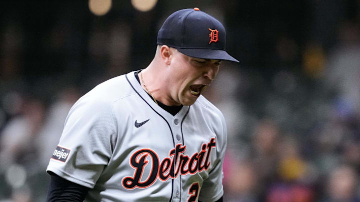 Apr 14, 2025; Milwaukee, Wisconsin, USA;  Detroit Tigers pitcher Tarik Skubal (29) reacts after striking out Milwaukee Brewers first baseman Rhys Hoskins (12) (not pictured) during the sixth inning at American Family Field.