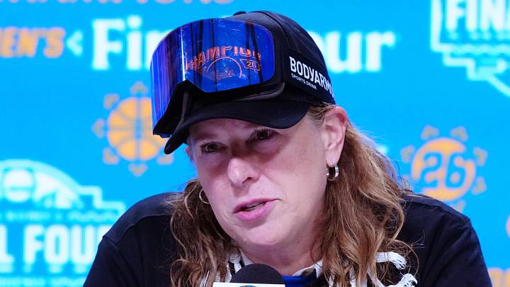 Apr 5, 2026; Phoenix, AZ, USA; UCLA Bruins head coach Cori Close speaks in a press conference after defeating the South Carolina Gamecocks during the National Championship game of the women's 2026 NCAA Tournament at Mortgage Matchup Center. Mandatory Credit: Kirby Lee-Imagn Images