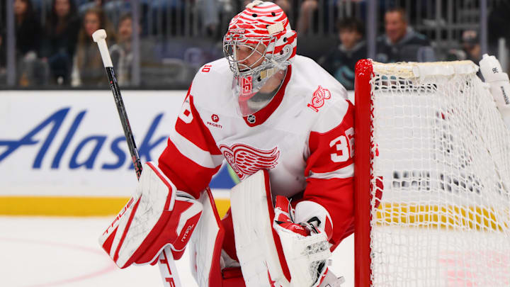 Dec 6, 2025; Seattle, Washington, USA; Detroit Red Wings goaltender John Gibson (36) defends the goal against the Seattle Kraken during the second period at Climate Pledge Arena. Mandatory Credit: Steven Bisig-Imagn Images Dec 6, 2025; Seattle, Washington, USA; Detroit Red Wings goaltender John Gibson (36) defends the goal against the Seattle Kraken during the second period at Climate Pledge Arena. Mandatory Credit: Steven Bisig-Imagn Images