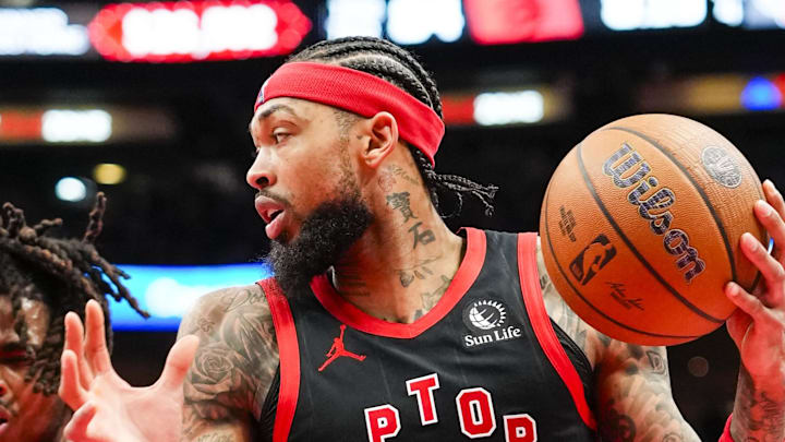 Toronto Raptors forward Brandon Ingram (3) handles the ball against the New York Knicks during the second half at the 2025-26 NBA Emirates Cup at Scotiabank Arena. Toronto Raptors forward Brandon Ingram (3) handles the ball against the New York Knicks during the second half at the 2025-26 NBA Emirates Cup at Scotiabank Arena.