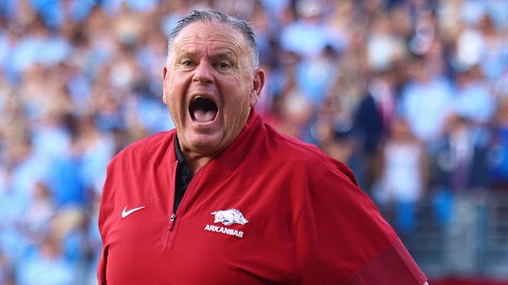 Arkansas Razorbacks coach Sam Pittman reacts during the first quarter against Ole Miss at Vaught-Hemingway Stadium.
