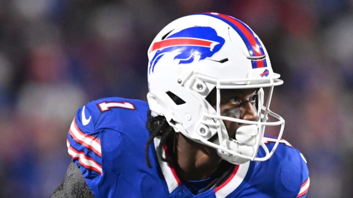 Nov 17, 2024; Orchard Park, New York, USA; Buffalo Bills wide receiver Curtis Samuel (1) turns up field after making a catch against the Kansas City Chiefs in the fourth quarter at Highmark Stadium. Mandatory Credit: Mark Konezny-Imagn Images