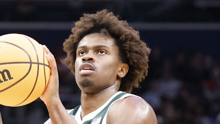 Michigan State's Coen Carr shoots a free throw against UConn during the Sweet 16 in the NCAA Tournament at Capital One Arena on Friday, March 27, 2026.