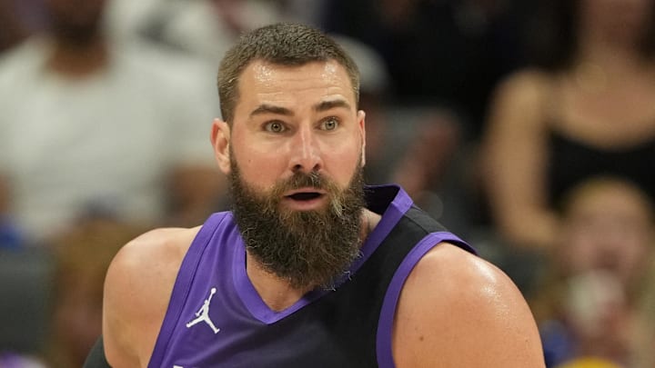 Apr 11, 2025; Sacramento, California, USA; Sacramento Kings center Jonas Valanciunas (17) during the third quarter against the Los Angeles Clippers at Golden 1 Center. Mandatory Credit: Darren Yamashita-Imagn Images