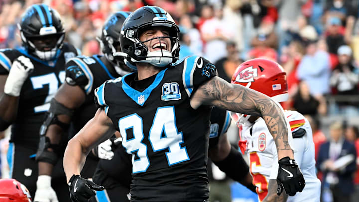 Carolina Panthers tight end Feleipe Franks (84) celebrate after scoring on a two point conversion to tie the score late in the fourth quarter at Bank of America Stadium.