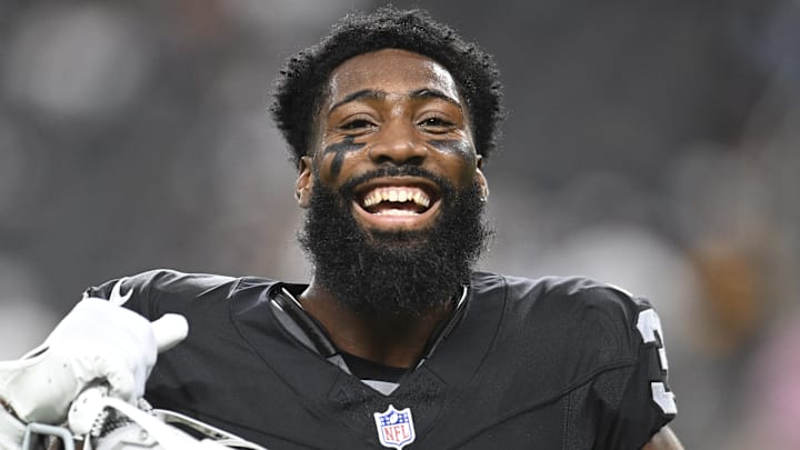 Aug 17, 2024; Paradise, Nevada, USA;  Las Vegas Raiders cornerback Nate Hobbs (39) dances during warmup against the Dallas Cowboys at Allegiant Stadium. Mandatory Credit: Candice Ward-Imagn Images