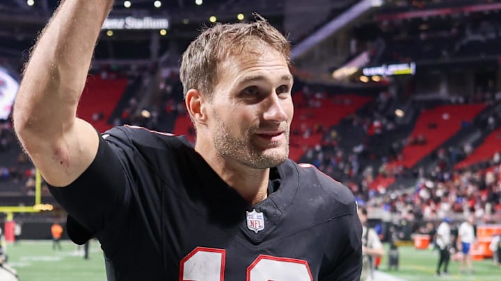 Dec 29, 2025; Atlanta, Georgia, USA; Atlanta Falcons quarterback Kirk Cousins (18) celebrates after a victory over the Los Angeles Rams at Mercedes-Benz Stadium. Mandatory Credit: Brett Davis-Imagn Images
