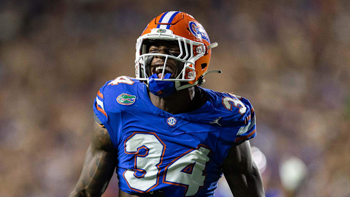 Florida Gators defensive end George Gumbs Jr. (34) reacts after a sack.