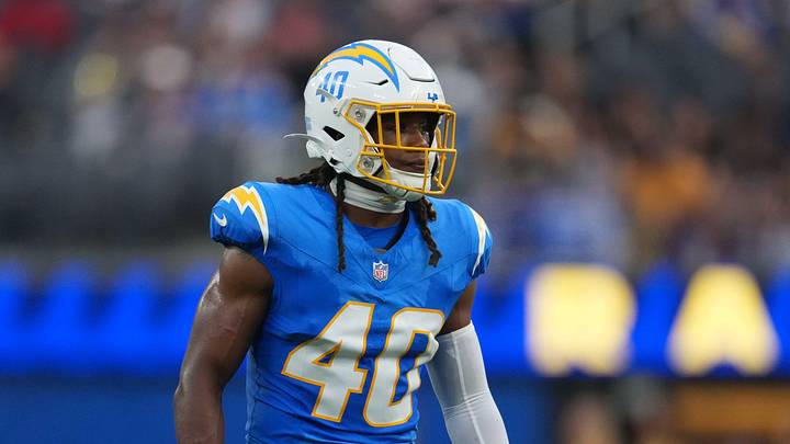 Aug 16, 2025; Inglewood, California, USA; Los Angeles Chargers safety Kendall Williamson (40) in the second half against the Los Angeles Rams at SoFi Stadium. Mandatory Credit: Kirby Lee-Imagn Images