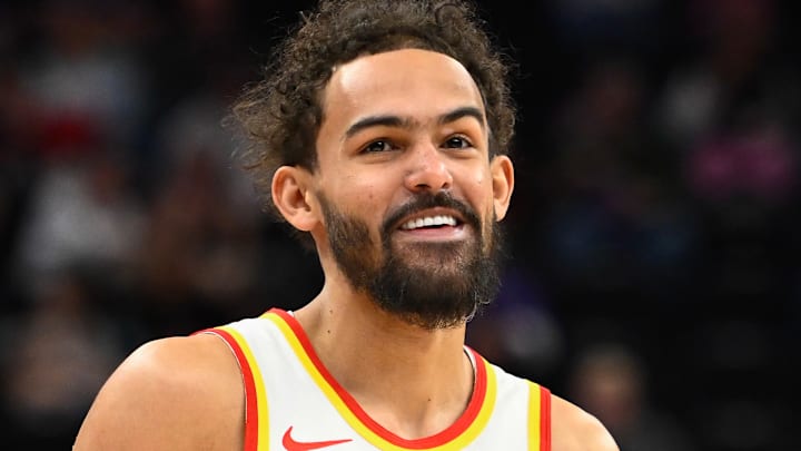 Trae Young #11 of the Atlanta Hawks reacts after a game-winning shot against the Utah Jazz.