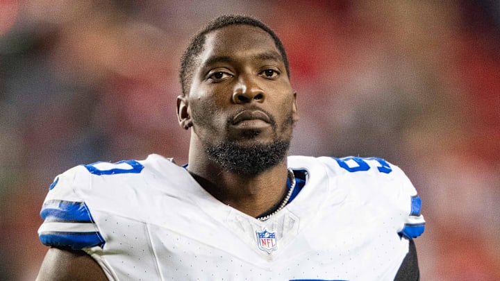 October 8, 2023; Santa Clara, California, USA; Dallas Cowboys defensive end DeMarcus Lawrence (90) after the game against the San Francisco 49ers at Levi's Stadium. Mandatory Credit: Kyle Terada-Imagn Images