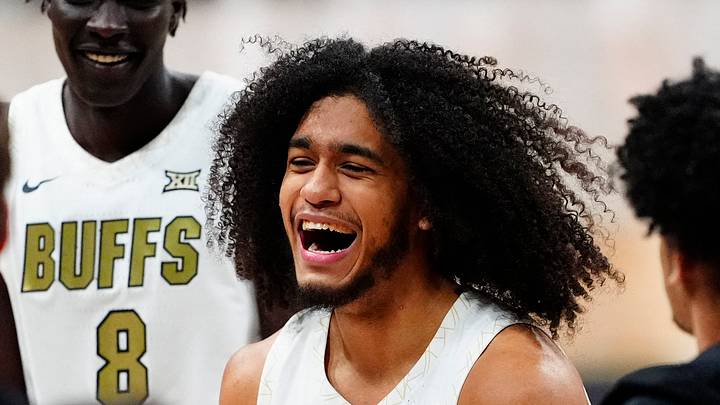 Feb 7, 2026; Boulder, Colorado, USA; Colorado Buffaloes guard Josiah Sanders (5) celebrates defeating the Arizona State Sun Devils at the CU Events Center. Mandatory Credit: Ron Chenoy-Imagn Images