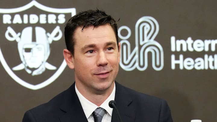 Feb 10, 2026; Henderson, NV, USA; Las Vegas Raiders coach Klint Kubiak speaks at introductory press conference at Intermountain Health Performance Center. Mandatory Credit: Kirby Lee-Imagn Images
