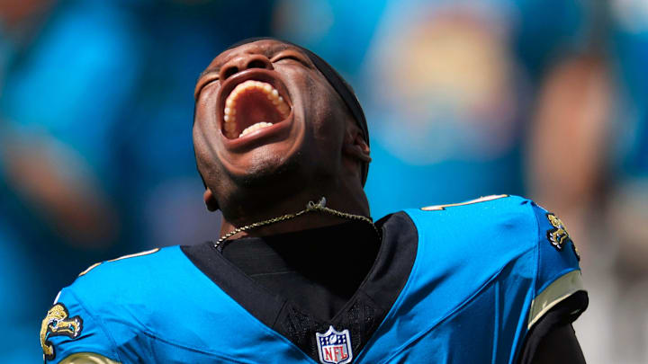 Jacksonville Jaguars wide receiver Travis Hunter (12) yells as his is introduced before an NFL football matchup at EverBank Stadium, Sunday, Sept. 21, 2025, in Jacksonville, Fla. The Jaguars defeated the Texans 17-10.