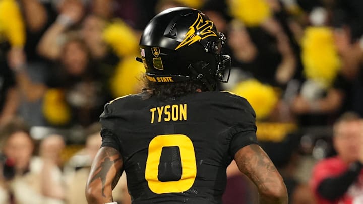Sep 26, 2025; Tempe, Arizona, USA; Arizona State Sun Devils wide receiver Jordyn Tyson (0) scores a touchdown against the TCU Horned Frogs in the first half at Mountain America Stadium, Home of the ASU Sun Devils. Mandatory Credit: Jacob Reiner-Imagn Images
