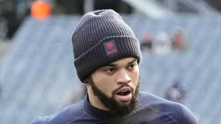 Jan 4, 2026; Chicago, Illinois, USA; Chicago Bears quarterback Caleb Williams (18) warms up before the game between the Chicago Bears and the Detroit Lions at Soldier Field. Mandatory Credit: David Banks-Imagn Images