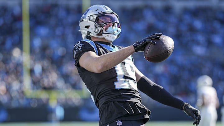 Dec 22, 2024; Charlotte, North Carolina, USA; Carolina Panthers wide receiver Adam Thielen (19) reacts to his touchdown catch against the Arizona Cardinals during the second quarter at Bank of America Stadium. Mandatory Credit: Jim Dedmon-Imagn Images Dec 22, 2024; Charlotte, North Carolina, USA; Carolina Panthers wide receiver Adam Thielen (19) reacts to his touchdown catch against the Arizona Cardinals during the second quarter at Bank of America Stadium. Mandatory Credit: Jim Dedmon-Imagn Images
