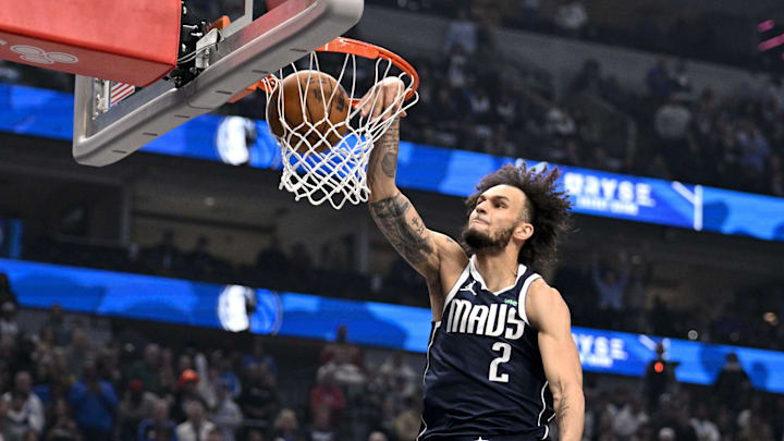 Jan 14, 2025; Dallas, Texas, USA; Dallas Mavericks center Dereck Lively II (2) dunks the ball against the Denver Nuggets during the first quarter at the American Airlines Center. Mandatory Credit: Jerome Miron-Imagn Images