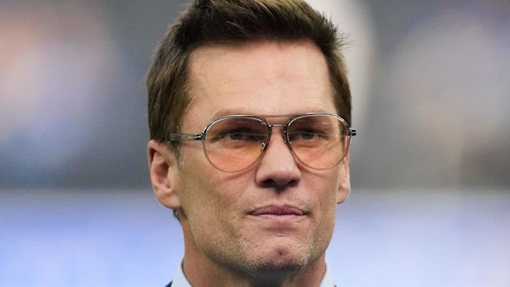 Dec 14, 2025; Inglewood, California, USA; Fox broadcaster Tom Brady is seen prior to the game between the Detroit Lions and the Los Angeles Rams at SoFi Stadium. Mandatory Credit: Kirby Lee-Imagn Images