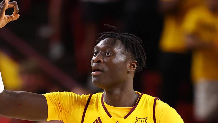 Mar 3, 2026; Tempe, Arizona, USA; Arizona State Sun Devils center Massamba Diop (35) celebrates a three pointer against the Kansas Jayhawks in the first half at Desert Financial Arena. Mandatory Credit: Mark J. Rebilas-Imagn Images