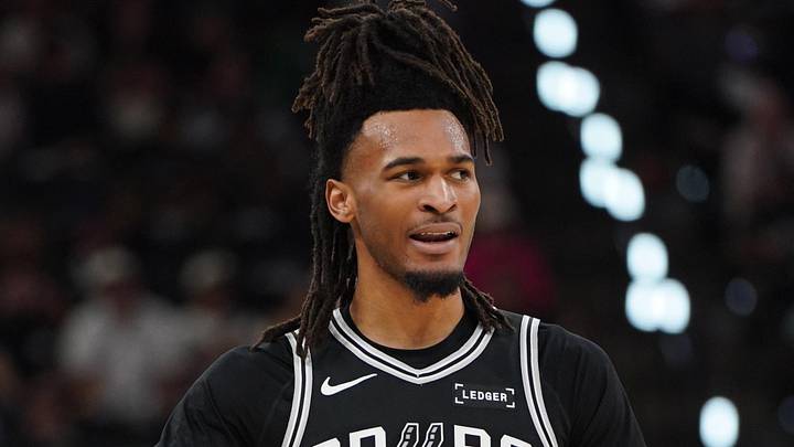 May 28, 2026; San Antonio, Texas, USA; San Antonio Spurs guard Stephon Castle (5) reacts with forward Julian Champagnie (30) in the first half during game six of the western conference finals for the 2026 NBA playoffs at Frost Bank Center. Mandatory Credit: Dustin Safranek-Imagn Images