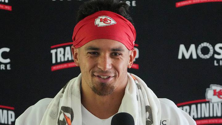 Jul 29, 2026; St. Joseph, MO, USA; Kansas City Chiefs safety Alohi Gilman (17) speaks to media after training camp at Missouri Western State University. Mandatory Credit: Denny Medley-Imagn Images