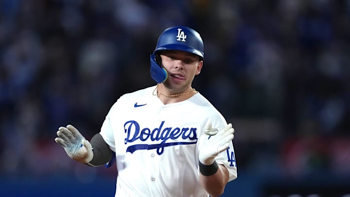 Apr 15, 2026; Los Angeles, California, USA; Los Angeles Dodgers designated hitter Dalton Rushing runs the bases after hitting a grand slam home run in the eighth inning against the New York Mets at Dodger Stadium. Mandatory Credit: Kirby Lee-Imagn Images