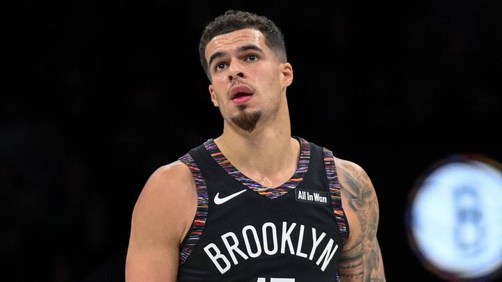 Dec 21, 2025; Brooklyn, New York, USA; Brooklyn Nets forward Michael Porter Jr. (17) reacts after making a shot against the Toronto Raptors during the first half at Barclays Center. Mandatory Credit: John Jones-Imagn Images