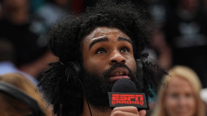 Apr 14, 2026; Charlotte, North Carolina, USA; Charlotte Hornets guard Coby White (3) gives an interview after the overtime win during the play-in rounds between the Charlotte Hornets and the Miami Heat of the 2026 NBA Playoffs at Spectrum Center. Mandatory Credit: Jim Dedmon-Imagn Images Apr 14, 2026; Charlotte, North Carolina, USA; Charlotte Hornets guard Coby White (3) gives an interview after the overtime win during the play-in rounds between the Charlotte Hornets and the Miami Heat of the 2026 NBA Playoffs at Spectrum Center. Mandatory Credit: Jim Dedmon-Imagn Images