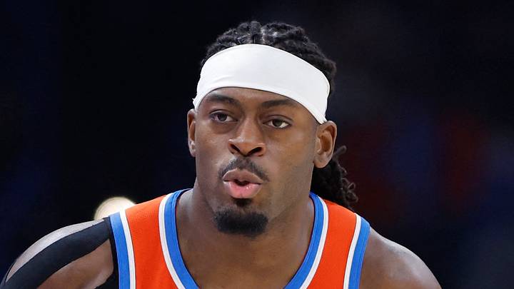 Oklahoma City Thunder guard Luguentz Dort (5) reacts against the Toronto Raptors at Paycom Center on January 25, 2026.