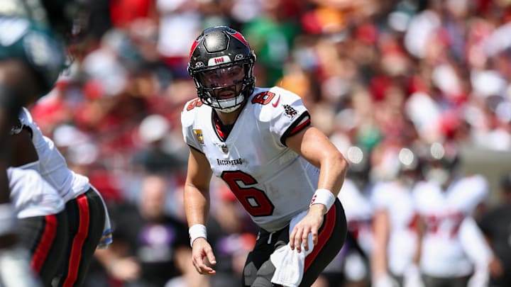Sep 29, 2024; Tampa, Florida, USA; Tampa Bay Buccaneers quarterback Baker Mayfield (6) calls a play at the line against the Philadelphia Eagles in the second quarter at Raymond James Stadium. Mandatory Credit: Nathan Ray Seebeck-Imagn Images