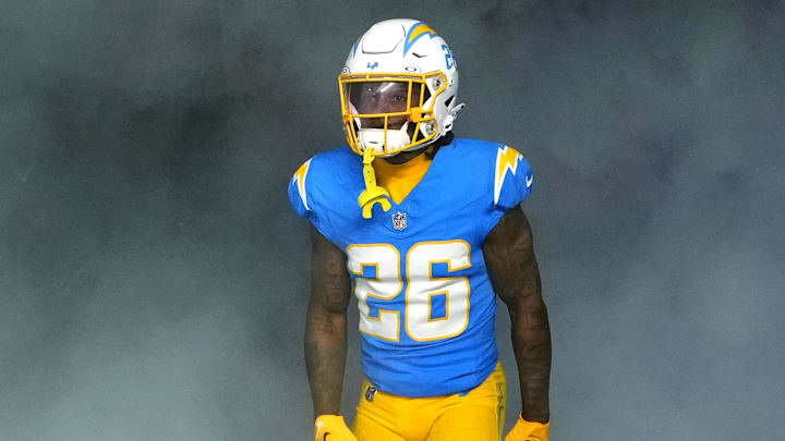 Dec 23, 2023; Inglewood, California, USA; Los Angeles Chargers cornerback Asante Samuel Jr. (26)  enters the field before the game against the Buffalo Bills at SoFi Stadium. Mandatory Credit: Kirby Lee-Imagn Images