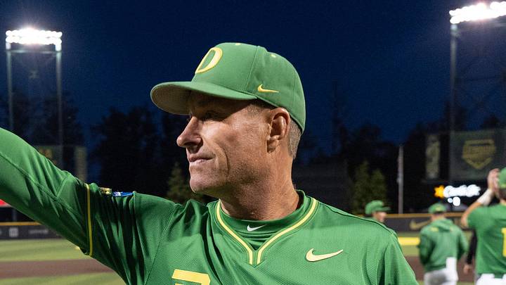 Oregon head baseball coach Mark Wasikowski gives a thumbs up to the stands after the Ducks defeated Oregon State on day three at the NCAA Eugene Regional Tournament at PK Park in Eugene May 31, 2026. Oregon head baseball coach Mark Wasikowski gives a thumbs up to the stands after the Ducks defeated Oregon State on day three at the NCAA Eugene Regional Tournament at PK Park in Eugene May 31, 2026.