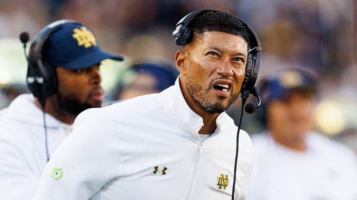 Notre Dame head coach Marcus Freeman looks on in the second half of a NCAA football game against NC State at Notre Dame Stadium on Saturday, Oct. 11, 2025, in South Bend. Notre Dame head coach Marcus Freeman looks on in the second half of a NCAA football game against NC State at Notre Dame Stadium on Saturday, Oct. 11, 2025, in South Bend.