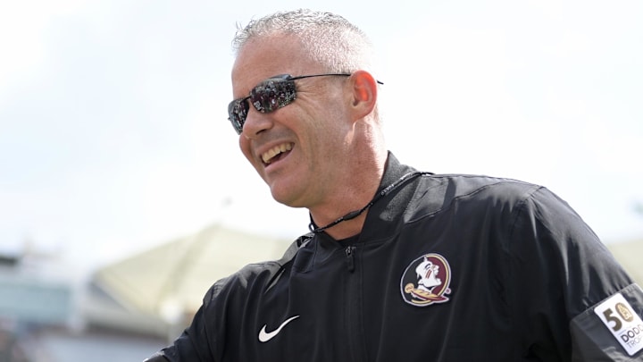 Sep 20, 2025; Tallahassee, Florida, USA; Florida State Seminoles head coach Mike Norvell before the game against the Kent State Golden Flashes at Doak S. Campbell Stadium. Mandatory Credit: Melina Myers-Imagn Images