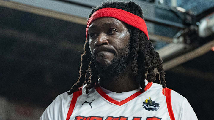 Former Houston Rockets center Montrezl Harrell (5) celebrates his dunk during their game against UKnighted on Saturday, July 20, 2024 in Louisville, KY at Freedom Hall.