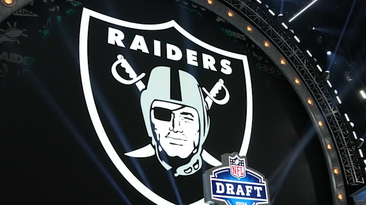 Apr 25, 2024; Detroit, MI, USA; A Las Vegas Raiders logo at the 2024 NFL Draft at Campus Martius Park and Hart Plaza. Mandatory Credit: Kirby Lee-Imagn Images