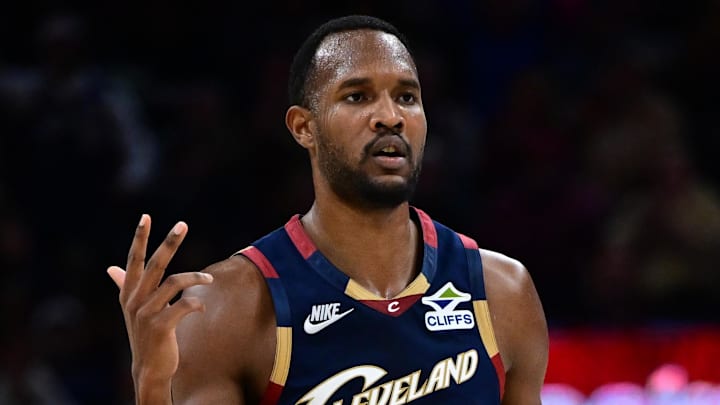 Cleveland Cavaliers center Evan Mobley (4) reacts after a three point basket during the second half against the Boston Celtics at Rocket Arena on November 30, 2025.