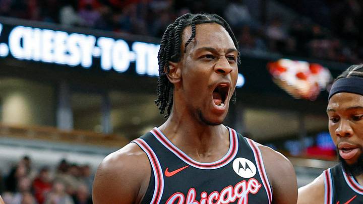 Apr 5, 2026; Chicago, Illinois, USA; Chicago Bulls forward Leonard Miller (11) reacts during the first half at United Center. Mandatory Credit: Kamil Krzaczynski-Imagn Images