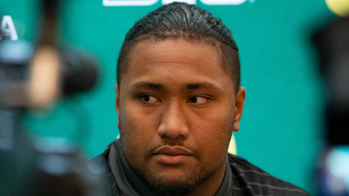 Oregon offensive lineman Iapani Laloulu listens to questions during Oregon football’s Media Day on July 28, 2025, at Autzen Stadium in Eugene.