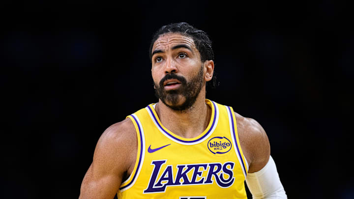 Los Angeles Lakers guard Gabe Vincent (7) looks on.