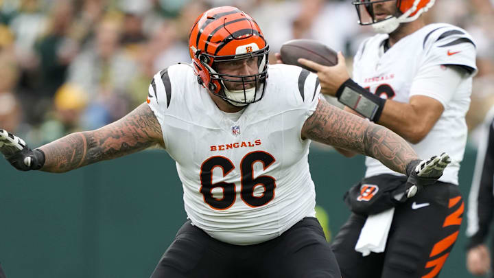 Oct 12, 2025; Green Bay, Wisconsin, USA;  Cincinnati Bengals guard Dalton Risner (66) during the game against the Green Bay Packers at Lambeau Field. Mandatory Credit: Jeff Hanisch-Imagn Images