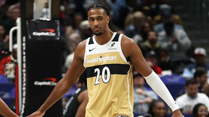 Jan 2, 2026; Washington, District of Columbia, USA; Washington Wizards center Alex Sarr (20) and Washington Wizards guard CJ McCollum (3) celebrate during the first half against the Brooklyn Nets at Capital One Arena. Mandatory Credit: Daniel Kucin Jr.-Imagn Images