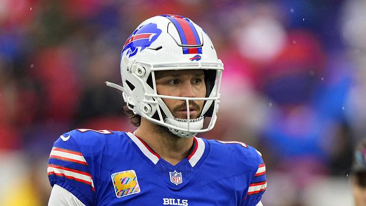 Oct 4, 2026; Orchard Park, New York, USA;  Josh Allen #17 of the Buffalo Bills looks on before the game against the New England Patriots at New Highmark Stadium.  Mandatory Credit: Gregory Fisher-Imagn Images