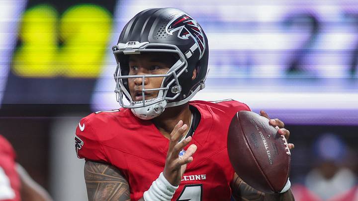 Aug 14, 2026; Atlanta, Georgia, USA; Atlanta Falcons quarterback Tua Tagovailoa (1) drops back to pass against the Denver Broncos in the first quater at Mercedes-Benz Stadium. Mandatory Credit: Brett Davis-Imagn Images