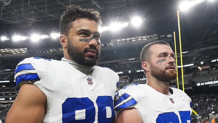 Nov 17, 2025; Paradise, Nevada, USA; Dallas Cowboys tight end Brevyn Spann-Ford (89) and tight end Jake Ferguson (87) leave the field following a game against the Las Vegas Raiders at Allegiant Stadium. Mandatory Credit: Kirby Lee-Imagn Images Nov 17, 2025; Paradise, Nevada, USA; Dallas Cowboys tight end Brevyn Spann-Ford (89) and tight end Jake Ferguson (87) leave the field following a game against the Las Vegas Raiders at Allegiant Stadium. Mandatory Credit: Kirby Lee-Imagn Images