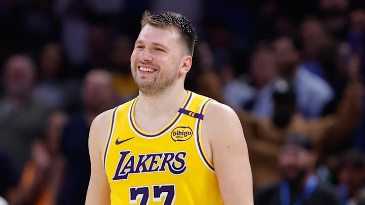 Apr 8, 2025; Oklahoma City, Oklahoma, USA; Los Angeles Lakers guard Luka Doncic (77) reacts after being ejected from a game against the Oklahoma City Thunder during the second half at Paycom Center. Mandatory Credit: Alonzo Adams-Imagn Images