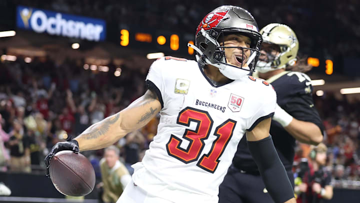 Oct 26, 2025; New Orleans, Louisiana, USA; Tampa Bay Buccaneers safety Antoine Winfield Jr. (31) reacts after a touchdown during the second quarter against the New Orleans Saints at Caesars Superdome. Mandatory Credit: Stephen Lew-Imagn Images