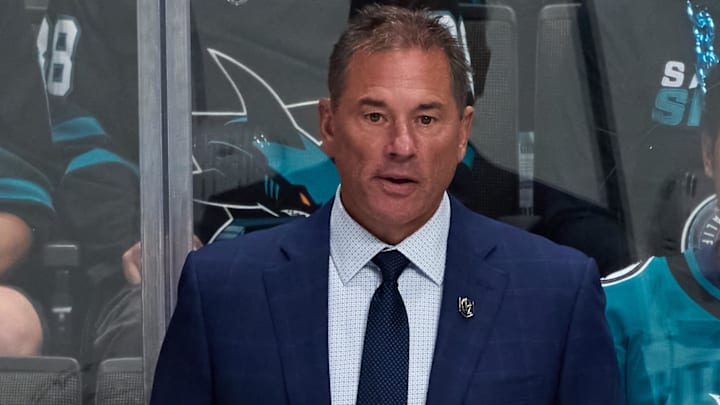 Oct 9, 2025; San Jose, California, USA; Vegas Golden Knights head coach Bruce Cassidy watches game play against the San Jose Sharks with center Tomas Hertl (48) and right wings Pavel Dorofeyev (16), Reilly Smith (19), and Mark Stone (61)during the second period at SAP Center at San Jose. Mandatory Credit: Robert Edwards-Imagn Images
